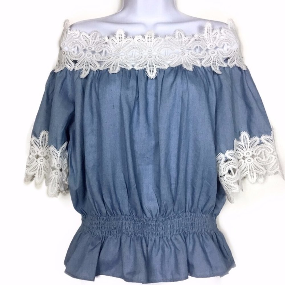 Blue Off-Shoulder Peasant Lace Top Boho Blouse